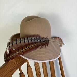 Mr John Womens Vintage Wool Fedora Hat Homburg Hat Feathers Small Brim Tan Cream